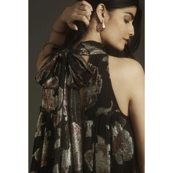 Maeve Anthropologie Shine Metallic Floral Black Sleeveless Tie-Neck Swing Dress - Picture 3 of 12